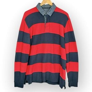 Orvis Mens Preppy Striped Denim Elbow Patch Rugby Shirt Size L Academia Varsity